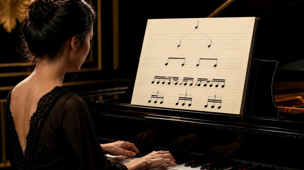educational image showing a pianist learning rhythmic subdivision at a grand piano. Show elegant sheet music with quarter notes, eighth notes, sixteenth notes, and triplets clearly visible.
