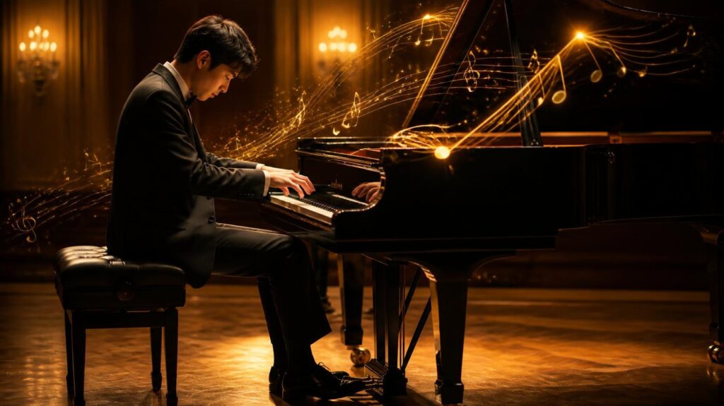 An elegant pianist performing an expressive piece on a grand piano, hands moving naturally across the keys while the foot controls the sustain pedal, warm golden light surrounding the piano, subtle glowing musical