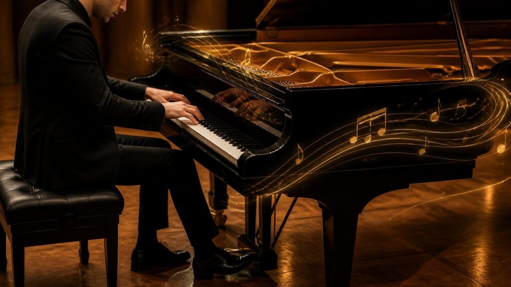 professional pianist playing a beautiful chord progression on a grand piano