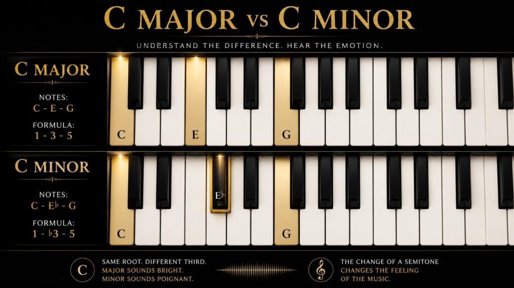 Comparison of C major and C minor chord notes on a piano keyboard.