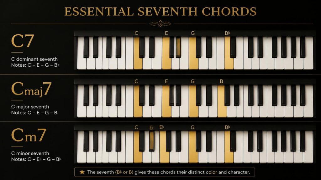 Piano keyboard showing C7, Cmaj7, and Cm7 seventh chord symbols and notes.