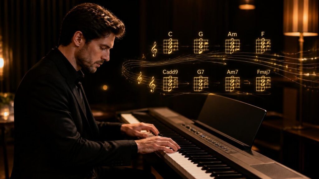 Pianist playing simple chords with richer chord variations on a keyboard