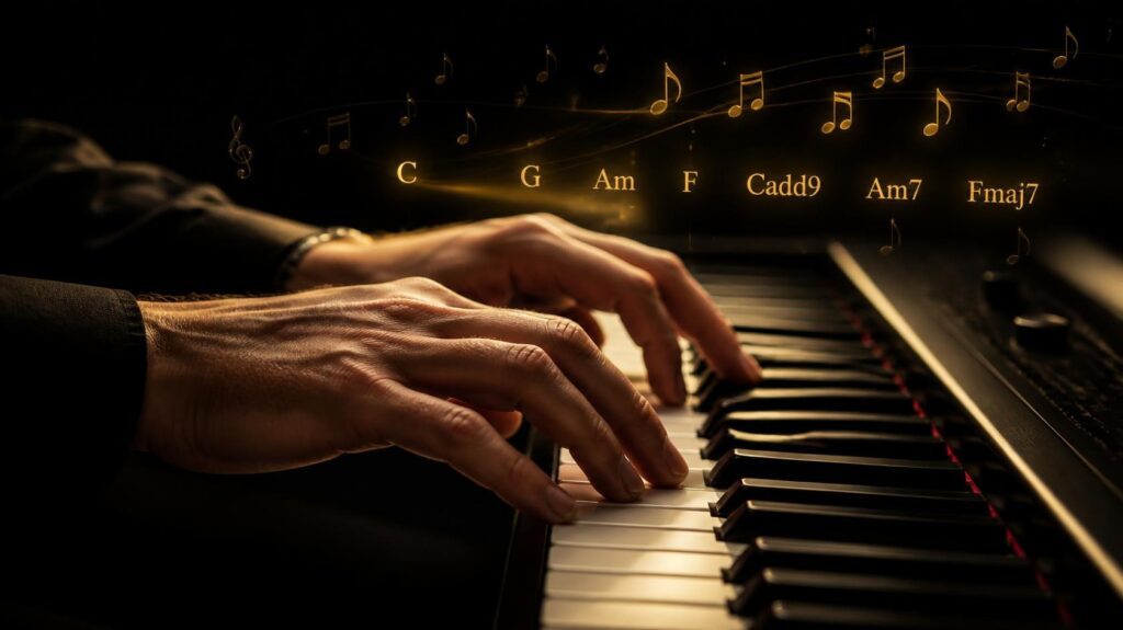 Close-up of pianist hands playing different chords on a modern keyboard