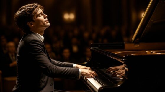 Professional pianist performing on a grand piano during an elegant concert performance.