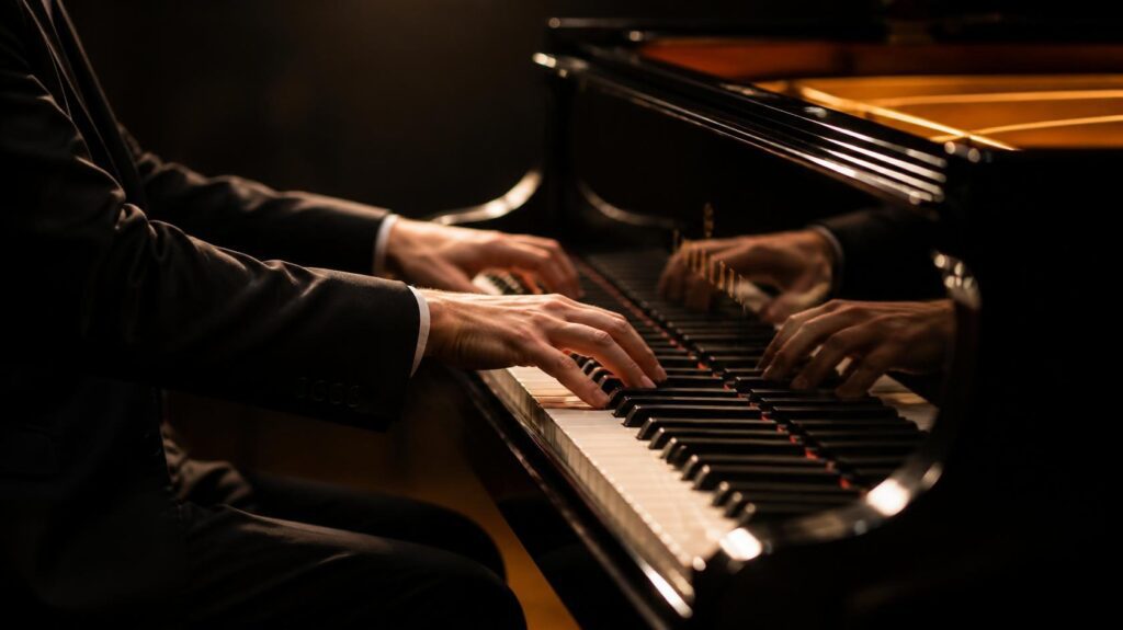 Pianist practicing precise finger technique on a grand piano. Professional Piano Performances
