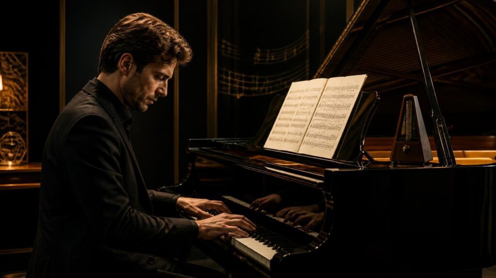 Pianist practicing rhythm and timing with a metronome at a grand piano.Professional Piano Performances