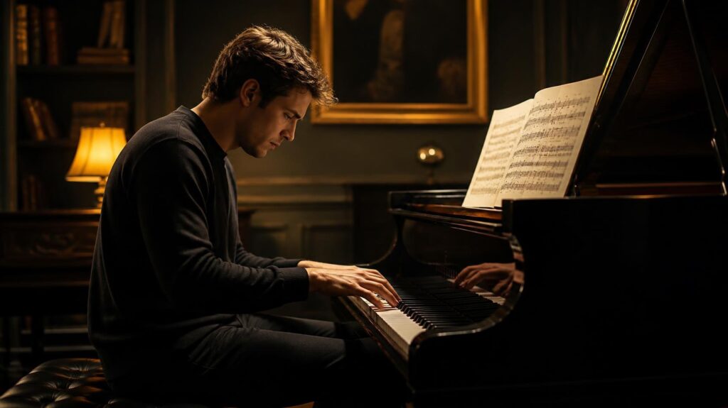 Pianist practicing a challenging passage with sheet music in a private studio.