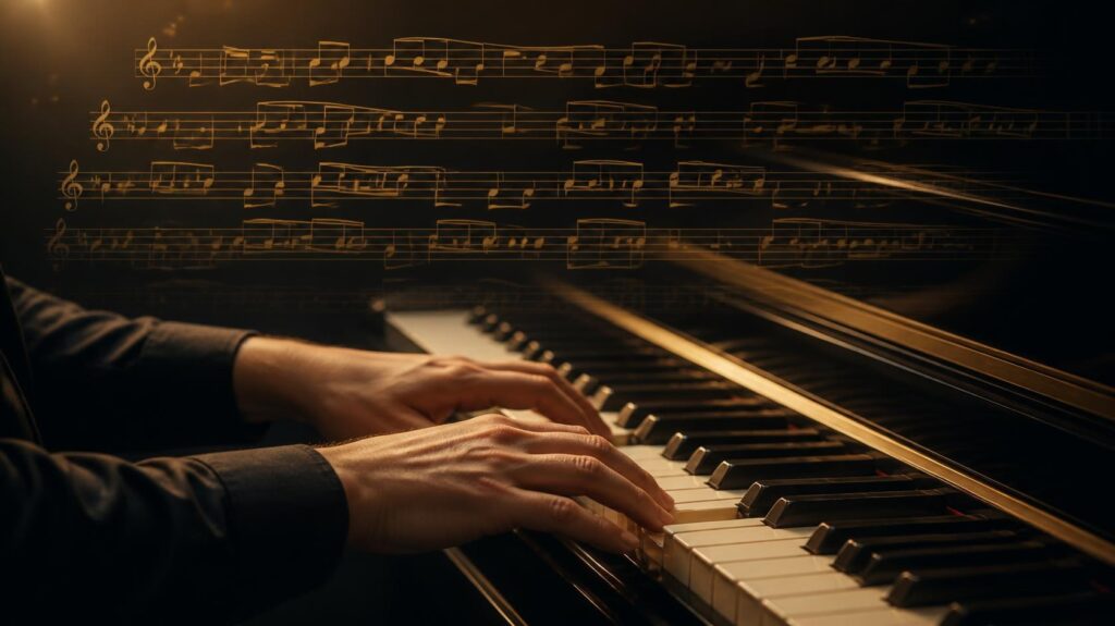 Pianist practicing transposition across different piano keys