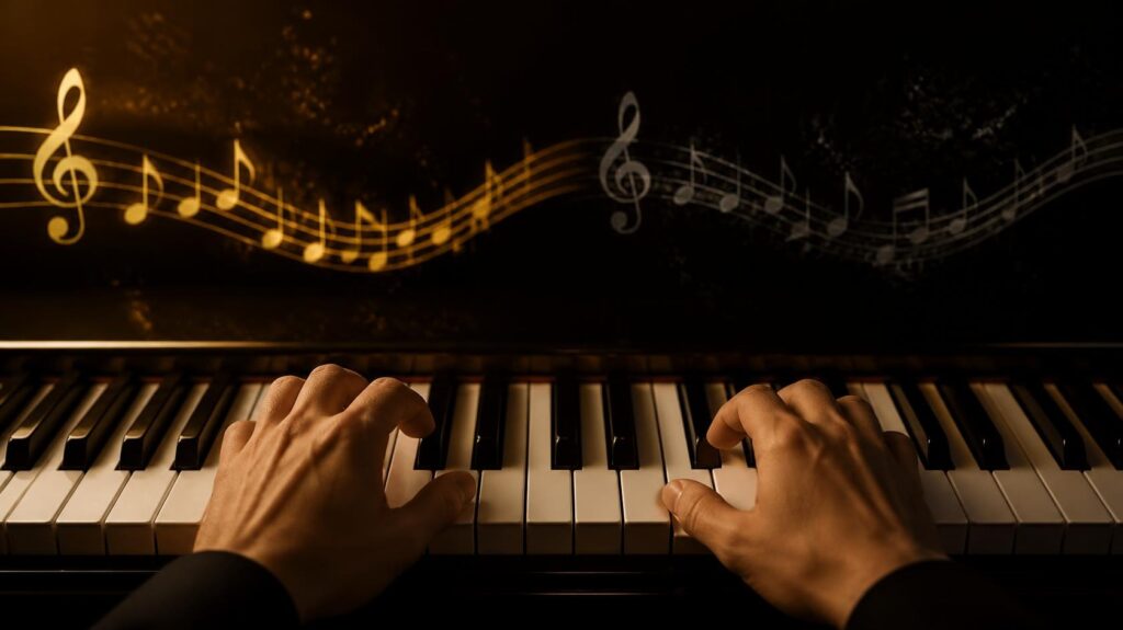 Pianist practicing major and minor keys on piano