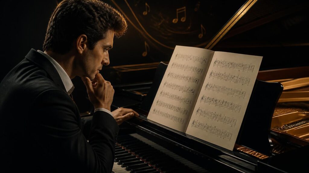 Dark black background with elegant gold lighting and subtle musical elements. Professional music education photography, cinematic lighting, How to practice difficult piano rhythms