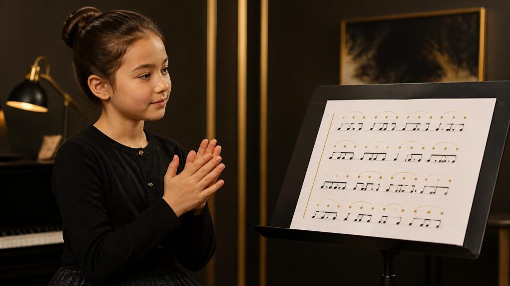 piano student practicing rhythm away from the piano, gently clapping while looking at sheet music with rhythmic notation
