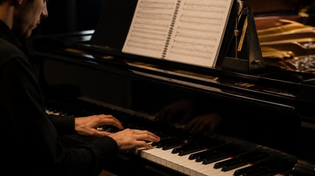 pianist practicing a difficult rhythm at a grand piano with a classic metronome placed beside the sheet music. The pianist's hands are playing carefully while the metronome is visibly active. Dark elegant studio environment, black piano, gold highlights,