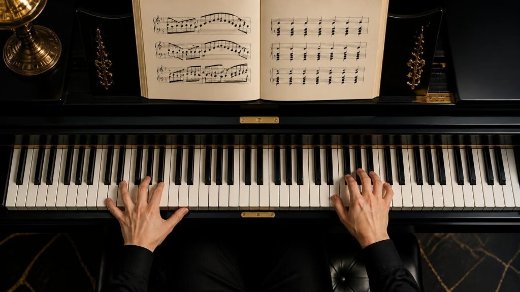 ducational photograph of a pianist practicing a difficult passage with hands separately.