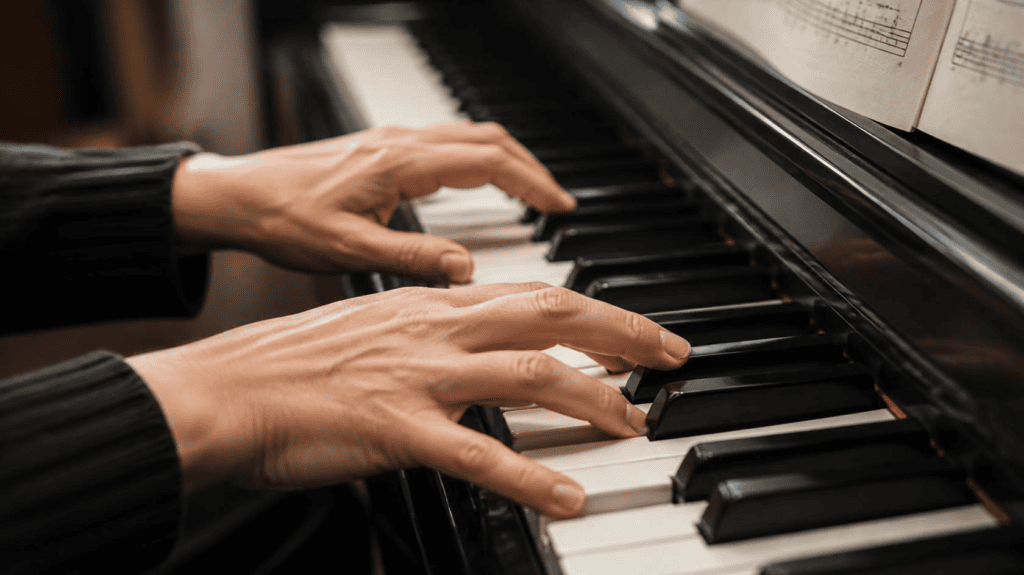 Adult beginner practicing hand coordination on piano keys