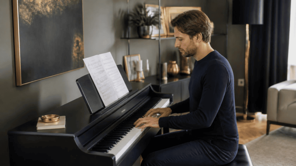 Adult beginner practicing piano at home with sheet music