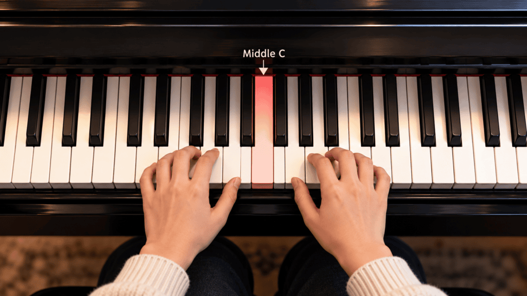 Piano keyboard with the Middle C key highlighted, illustrating where beginners can start when learning how to play “Love Story” on piano.