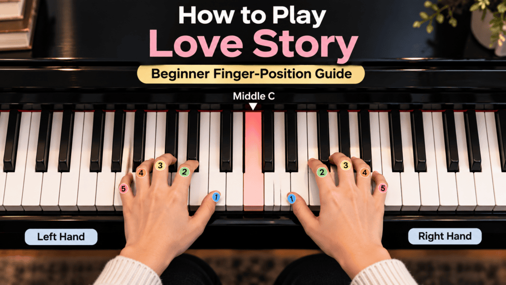 Beginner finger-position guide for playing “Love Story” on piano, showing both hands with numbered fingers positioned over the keys and Middle C highlighted.