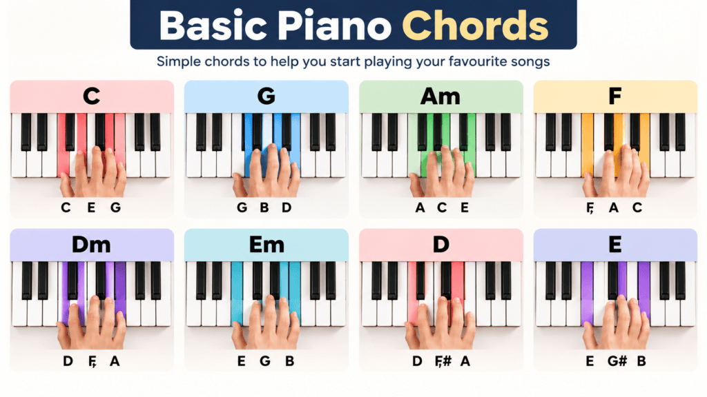 Basic piano chords displayed visually with keyboard diagrams and highlighted notes for C, G, Am, F, Dm, Em, D, and E chords.