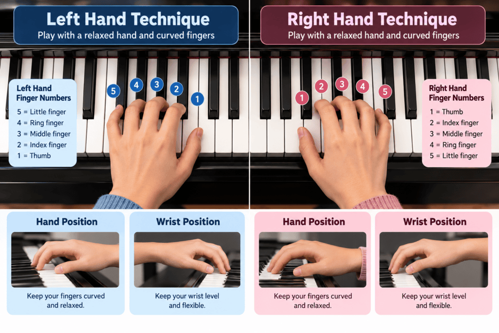 Left- and right-hand piano playing techniques showing correct finger numbers, curved finger placement, and relaxed, level wrist positions.