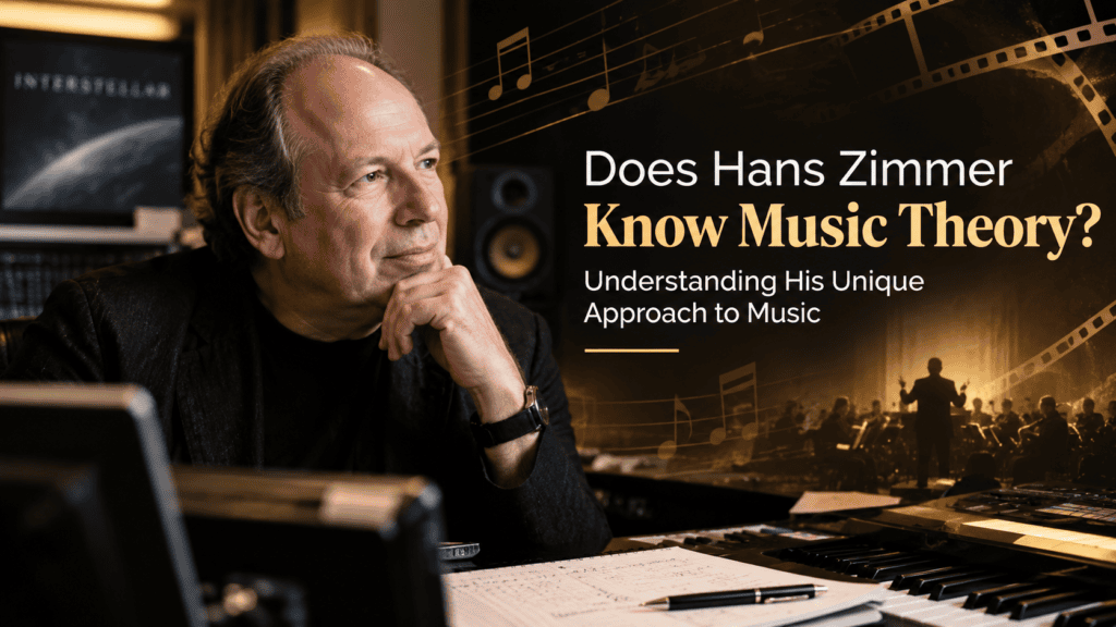 Does Hans Zimmer know music theory – Hans Zimmer composing music with piano, music notation, synthesizers, and orchestral elements in a cinematic studio setting.
