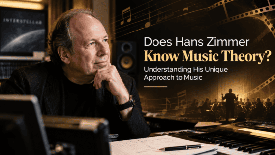 Does Hans Zimmer know music theory – Hans Zimmer composing music with piano, music notation, synthesizers, and orchestral elements in a cinematic studio setting.