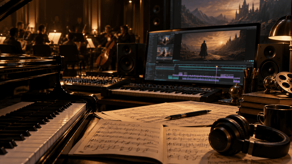 Does Hans Zimmer know music theory – music theory concepts shown with piano keys, musical notation, and film-scoring elements.
