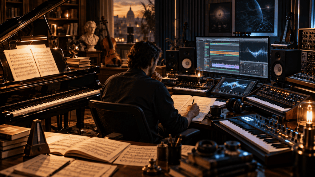 Does Hans Zimmer know music theory – traditional music theory with piano, sheet music, scales, and modern music production technology.