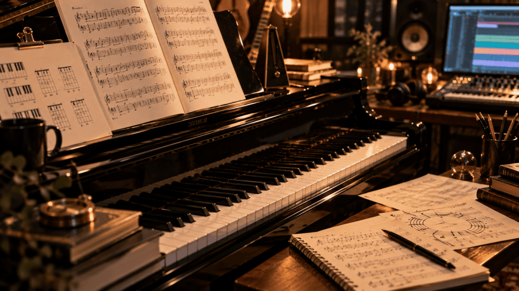Does Hans Zimmer know music theory – piano keyboard with sheet music, chords, scales, and music theory concepts.