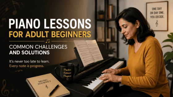 Adult beginner learning piano during a personalized piano lesson with sheet music at a digital keyboard.