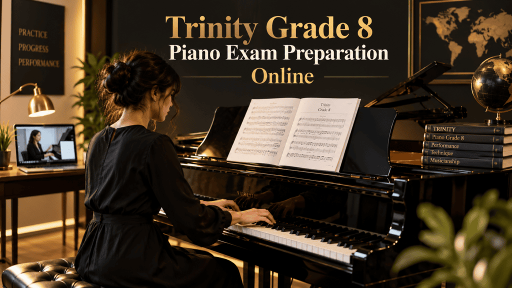 Trinity Grade 8 Piano Exam Preparation Online with an advanced pianist practicing on a black grand piano in an elegant music studio, sheet music, and an online piano lesson displayed on a laptop.