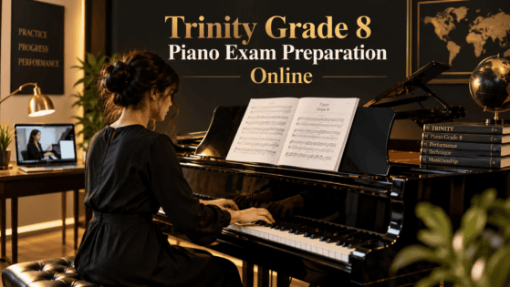 Trinity Grade 8 Piano Exam Preparation Online with an advanced pianist practicing on a black grand piano in an elegant music studio, sheet music, and an online piano lesson displayed on a laptop.