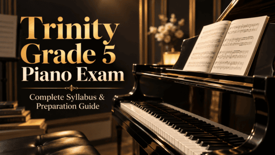 Trinity Grade 5 Piano Exam – Complete Syllabus & Preparation Guide, featuring an elegant black grand piano with open sheet music in a sophisticated black and gold studio setting.