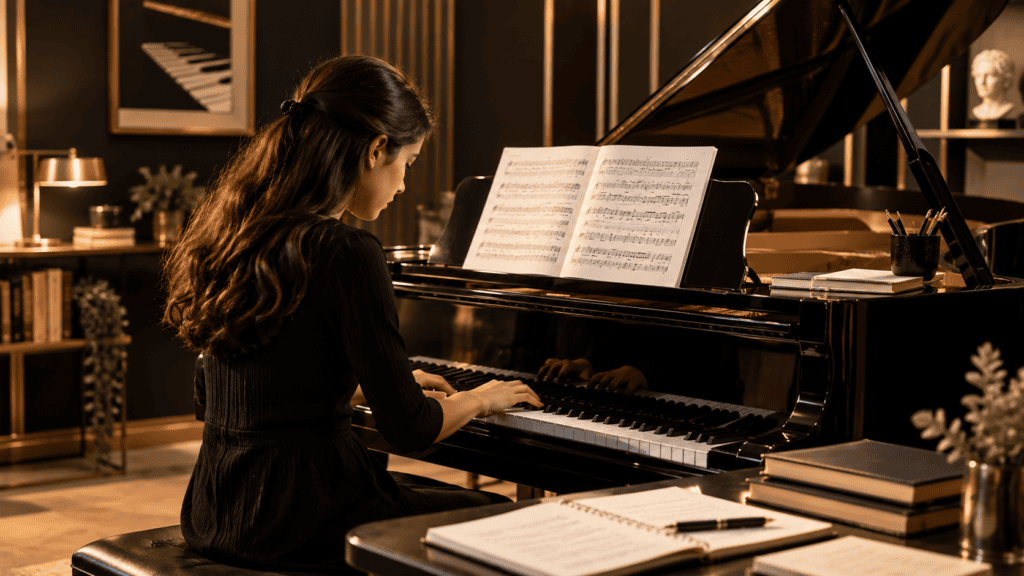 Piano student preparing for a Grade 5 piano examination, practicing at an elegant grand piano with sheet music, notes, and books in a sophisticated black and gold music studio.