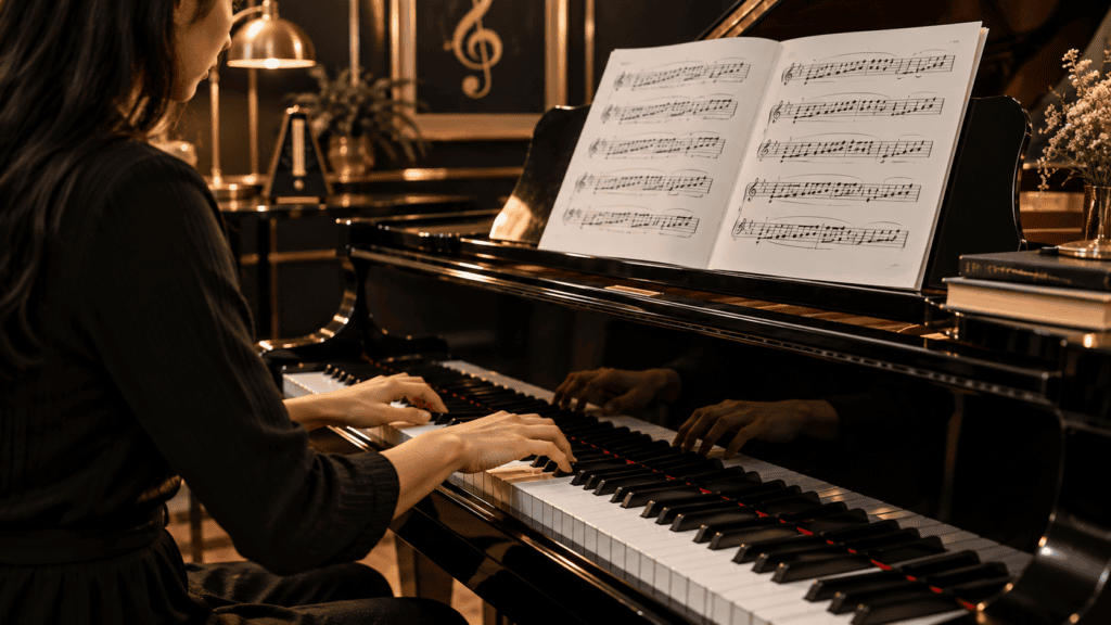 Pianist practicing piano scales on a grand 5 piano Exam with sheet music and hands positioned over the keys in an elegant black and gold music studio.