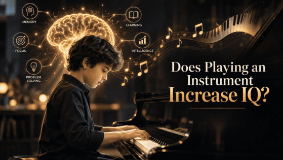 Does Playing an Instrument Increase IQ? Musician playing piano with a brain visualization.