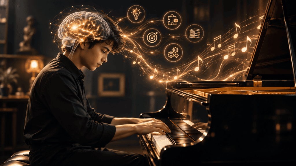 Does Playing an Instrument Increase IQ? Brain visualization showing cognitive activity while playing piano.
