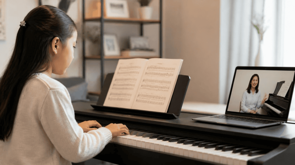 Student learning piano through an online piano class