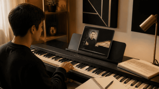 Beginner piano lessons online with a student learning from home