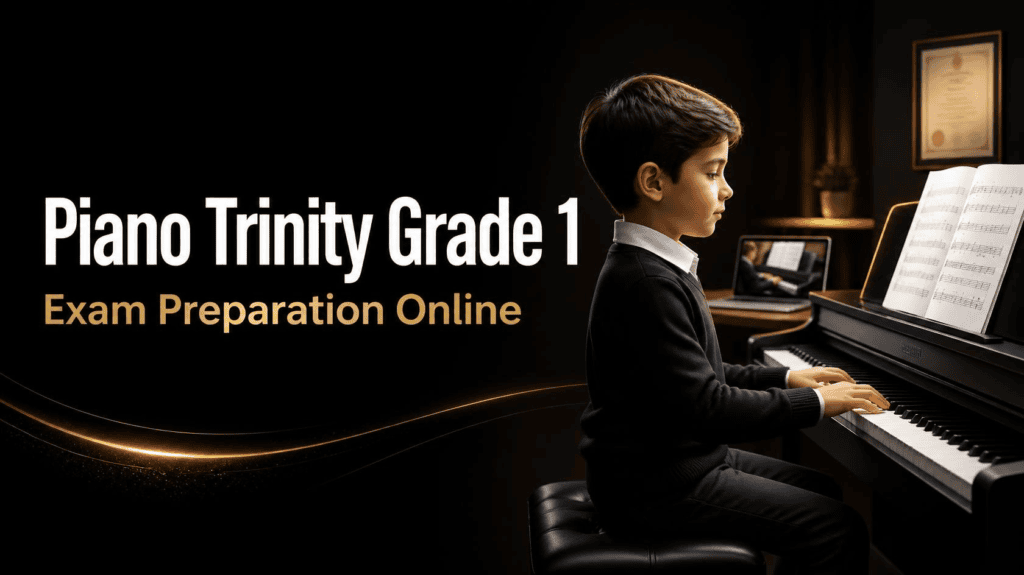 Piano Trinity Grade 1 exam preparation online with a student practicing piano