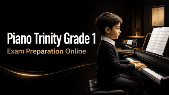 Piano Trinity Grade 1 exam preparation online with a student practicing piano