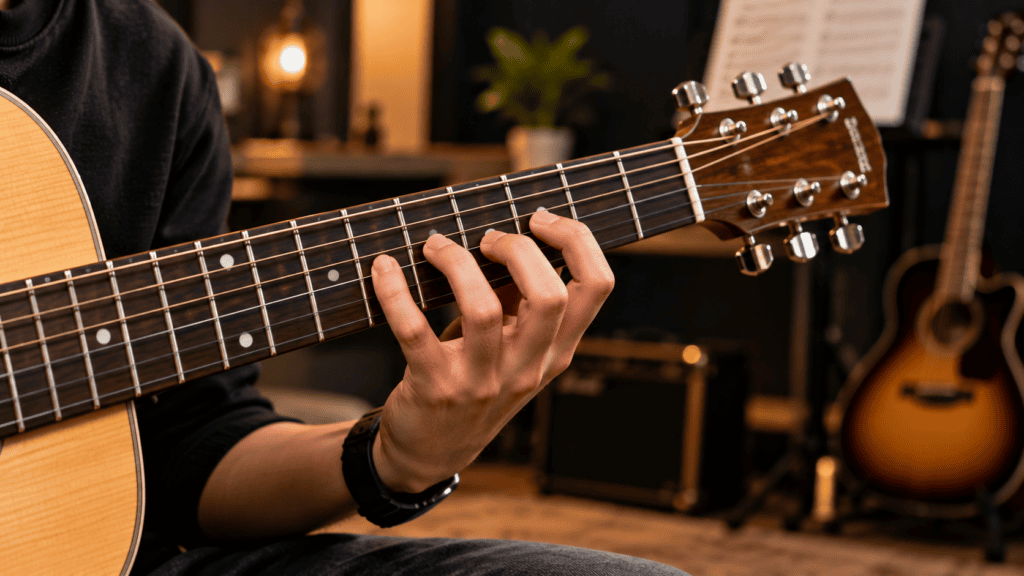 How to Build Finger Strength for Guitar with finger independence exercises on an acoustic guitar fretboard.