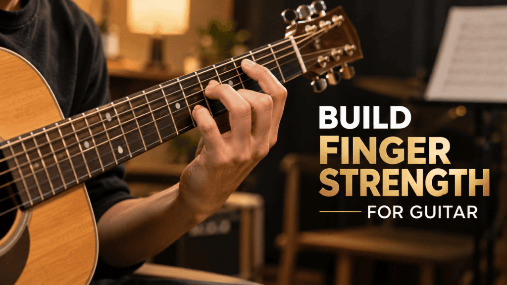 How to Build Finger Strength for Guitar – beginner guitarist practising correct finger placement on an acoustic guitar fretboard.