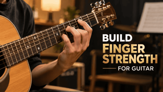 How to Build Finger Strength for Guitar – beginner guitarist practising correct finger placement on an acoustic guitar fretboard.