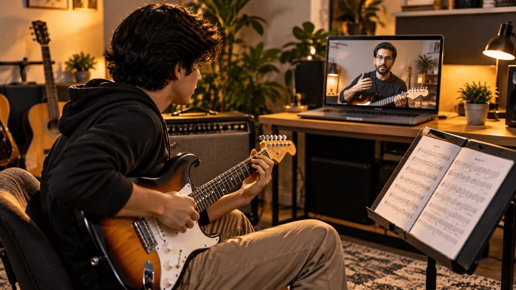 Guitar Feel vs Speed – student learning electric guitar online through a live video lesson with a professional music teacher, practising guitar techniques at home with a laptop, music stand, and amplifier.