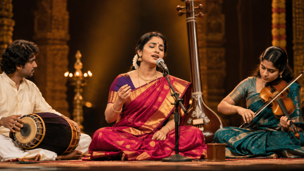 Carnatic vocalist performing with violin and mridangam during a concert, illustrating improvisation in Carnatic music