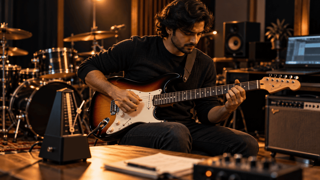 Guitar Feel vs Speed – guitarist practising rhythm and timing on an electric guitar with a metronome, drum kit, and amplifier in a modern music studio under warm golden lighting.