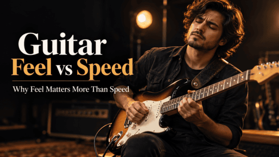 Guitar Feel vs Speed – expressive guitarist playing an electric guitar in a dimly lit studio, illustrating why musical feel and emotion matter more than playing speed.