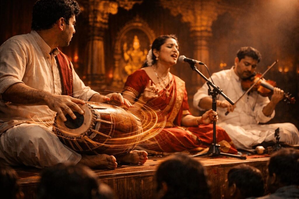 Carnatic vocalist performing with violin and mridangam, illustrating improvisation in Carnatic music.