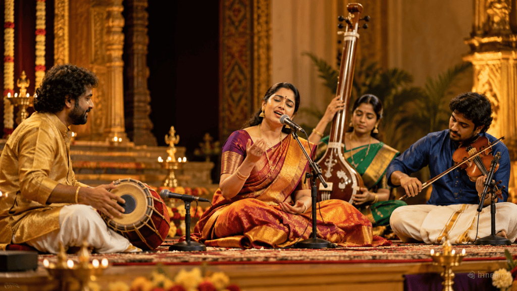 Improvisation in Carnatic Music featuring a South Indian classical vocalist performing with violin, mridangam, and tanpura on a traditional concert stage with warm lighting and devotional ambience