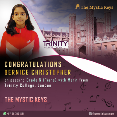 Congratulations to Bernice Christopher on passing grade 5 piano with merit from trinity college London the mystic keys.